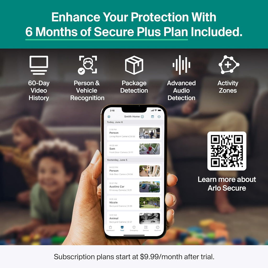 Arlo Essential Pan Tilt Security Camera 2K + 6 Months of Secure Plus Plan - Wired Plug-in Power Outdoor Camera, Person Recognition, Package Detection, Animated Preview, Auto Motion Tracking, 2 Cam