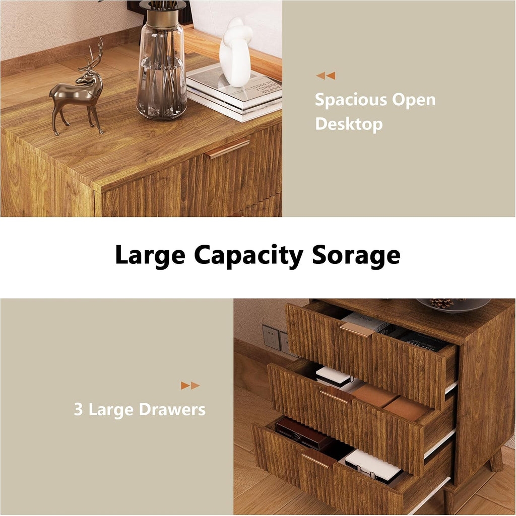 Mid-Century 3 Drawers Bedside Table Cabinet, Modern Nightstand with 3 Drawer and Solid Wood Legs, Contemporary 3-Drawer Dresser, Mid Century Nightstand with 3 Storage Drawer for Bedroom (Walnut)