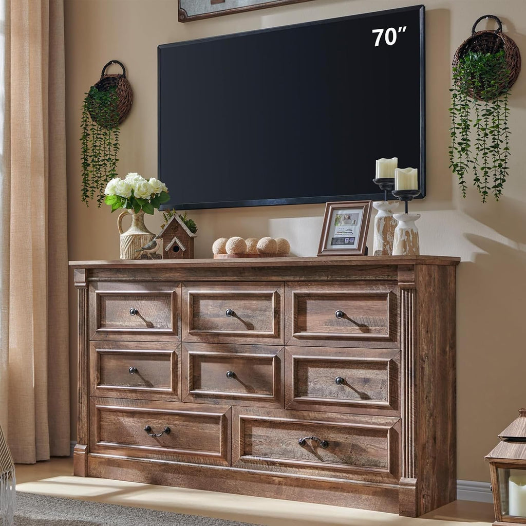 Aitjunz 8 Drawers Dresser for Bedroom, Farmhouse 61' Wide Dressers & Chests of Drawers w/Roman Column, Large Storage Dressers Organizer w/Two Different Drawer Sizes for Bedroom,Living Room,Light Brown