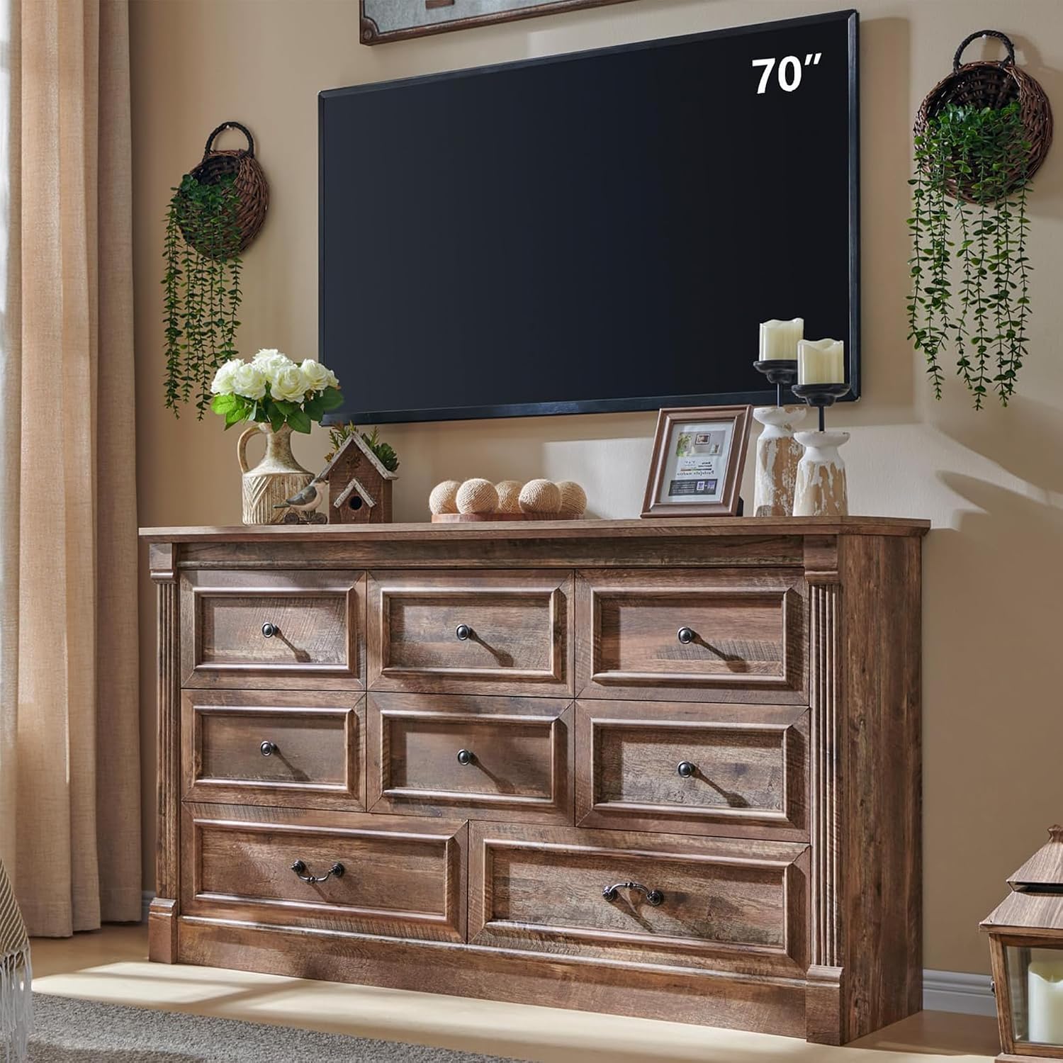 Aitjunz 8 Drawers Dresser for Bedroom, Farmhouse 61' Wide Dressers & Chests of Drawers w/Roman Column, Large Storage Dressers Organizer w/Two Different Drawer Sizes for Bedroom,Living Room,Light Brown
