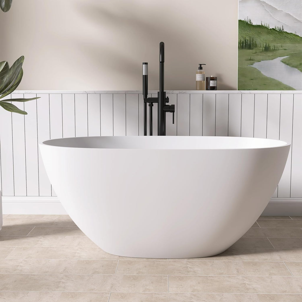 51' Freestanding Solid Surface Bathtub,Elegant Oval Design with Chrome Drain Luxurious Soaking Tub for Bathrooms, Stone Resin Freestanding Bathtub for Comfort,Matt White