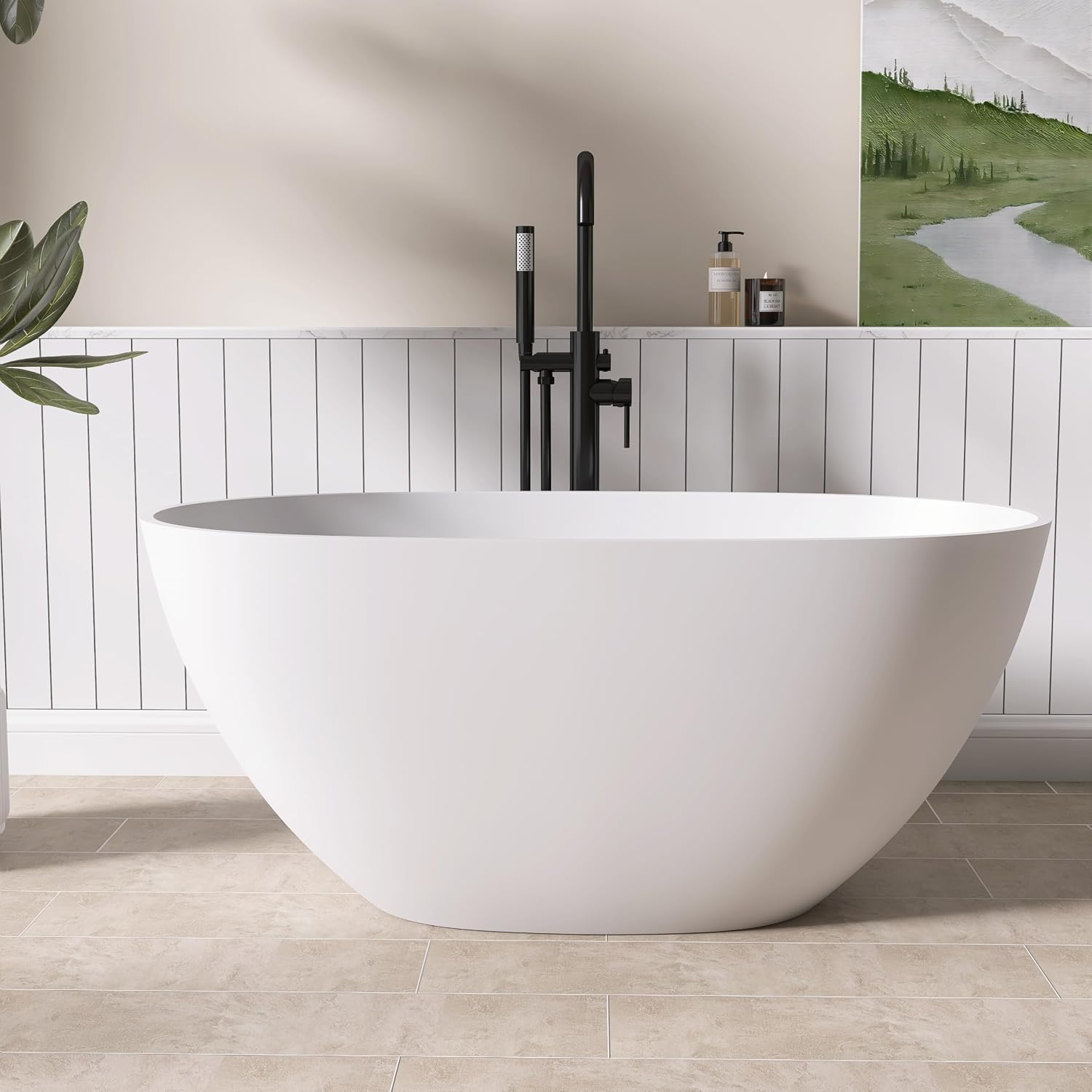 51' Freestanding Solid Surface Bathtub,Elegant Oval Design with Chrome Drain Luxurious Soaking Tub for Bathrooms, Stone Resin Freestanding Bathtub for Comfort,Matt White