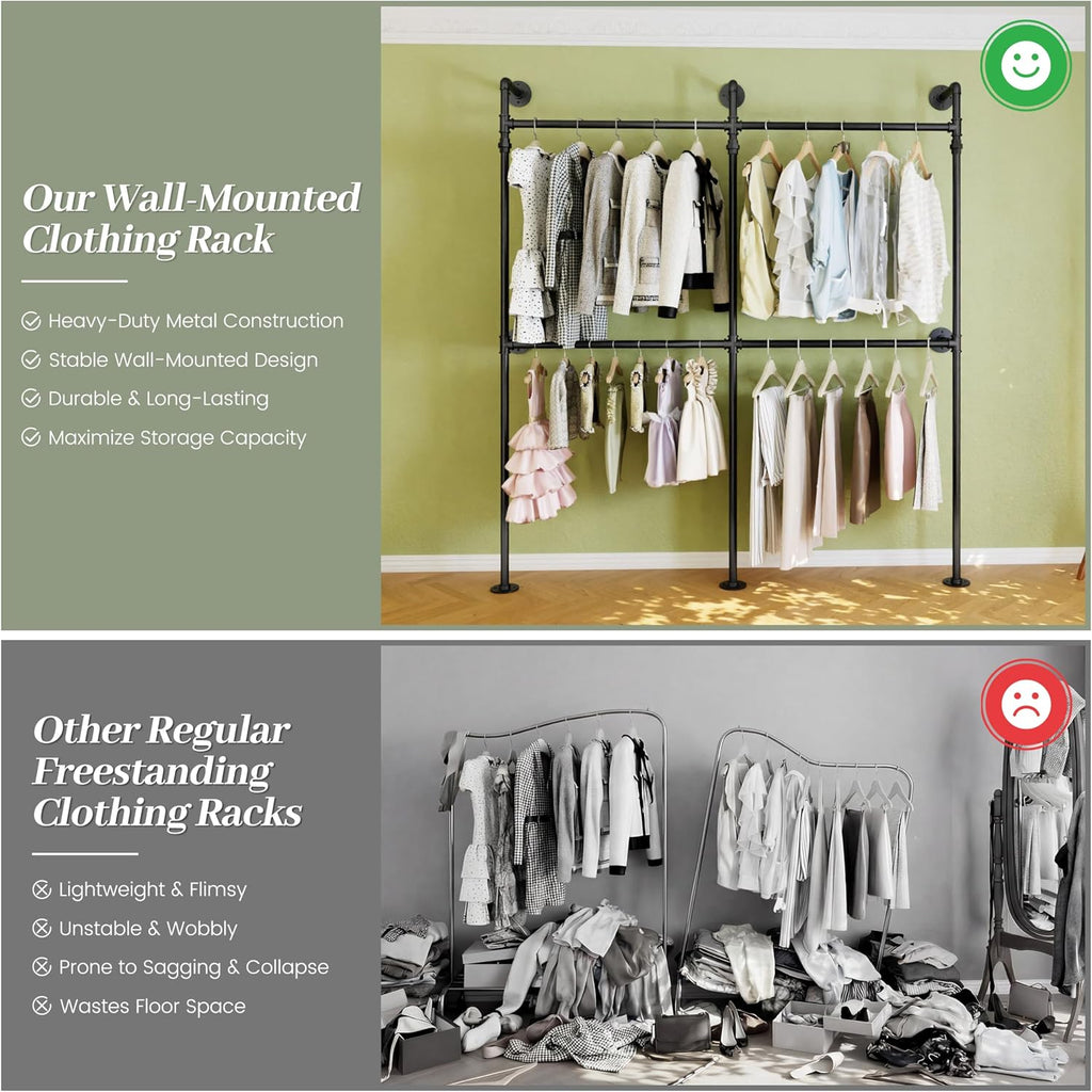 Industrial Pipe Garment Rack, Reversible L - Shaped Wall - Mounted Clothing Rack, 70.9' Heavy Duty Closet Wardrobe System, Black Powder - Coated Steel for Walk - in Closet