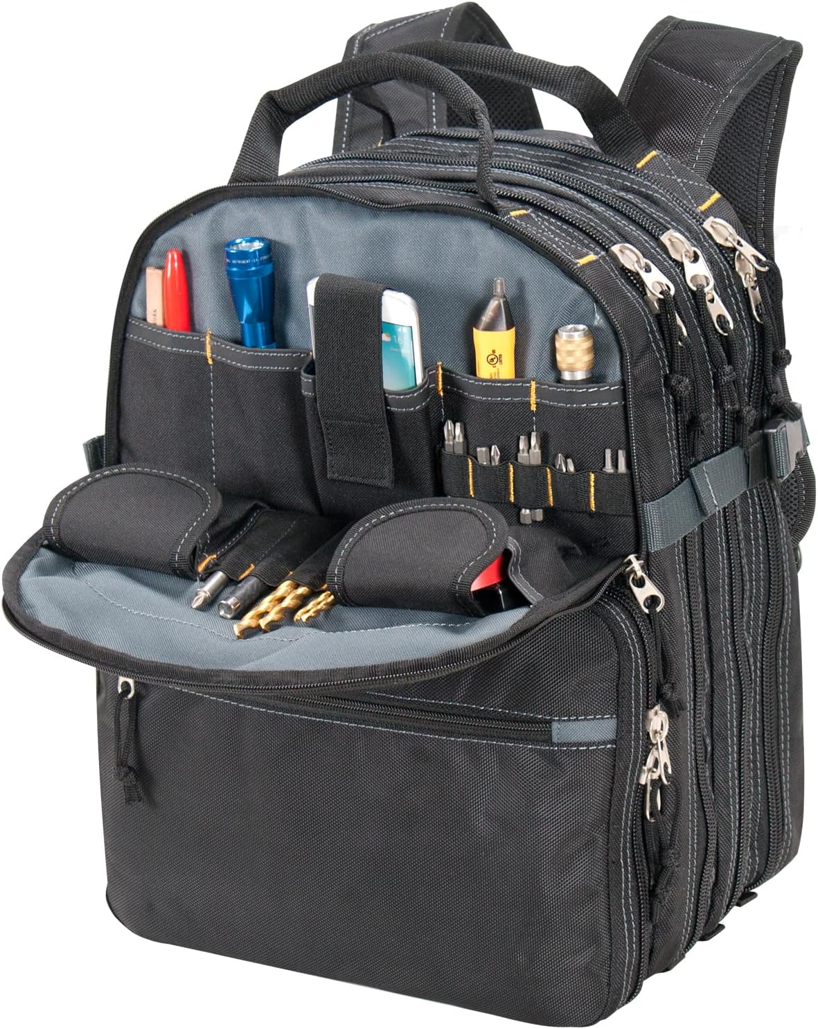 Custom Leathercraft 75-Pocket Tool Backpack and Klein 7-in-1 Impact Flip Socket Set with Nut Driver and Bit Holding