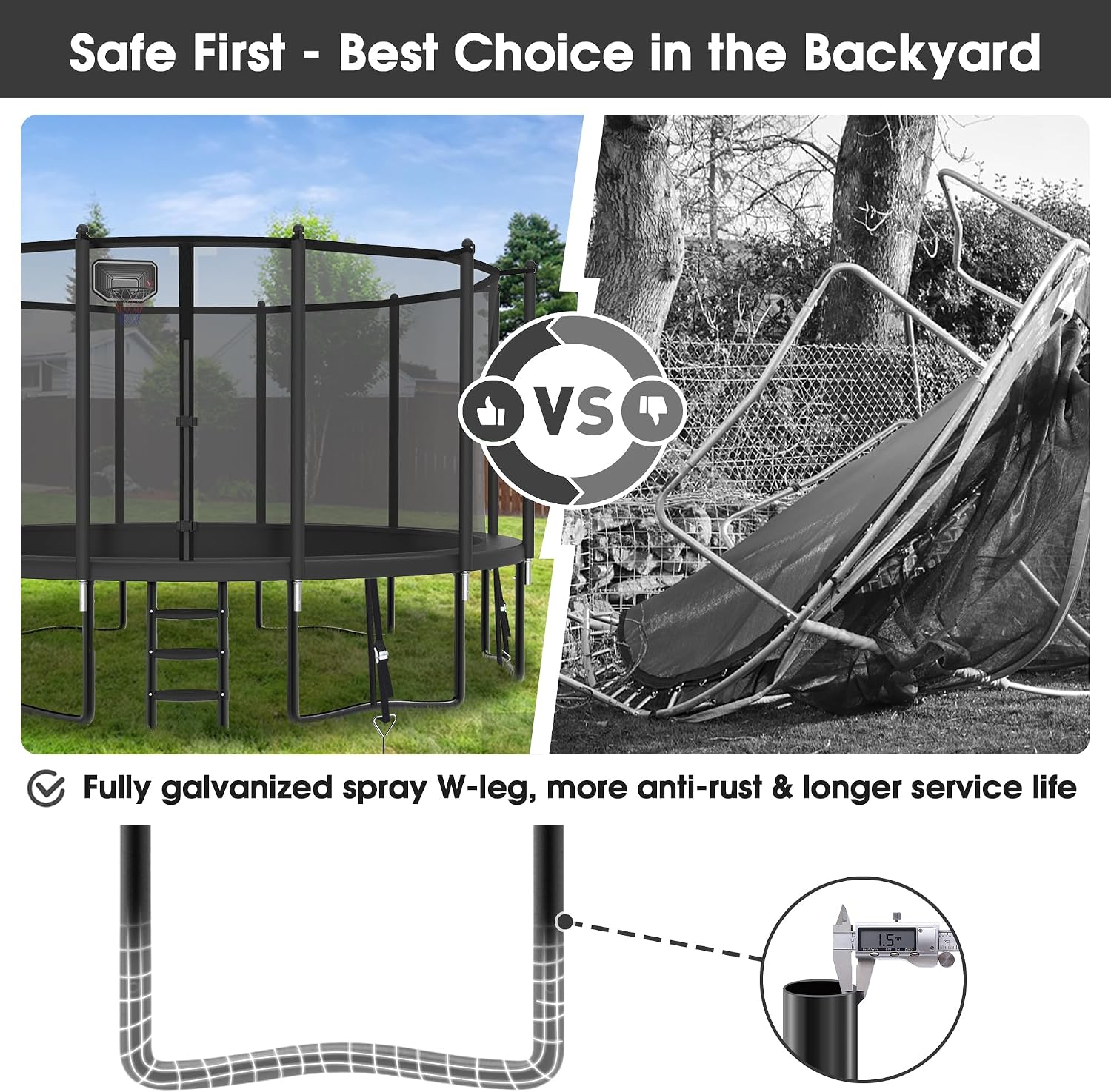 Exal Trampoline Outdoor with Basketball Hoop and Enclosure Net, 1500LBS Backyard Heavy Duty Trampoline ASTM CPC Certified Kids Trampoline, Light, Sprinkler, Socks, No-Gap Pad, Wind Stakes Included