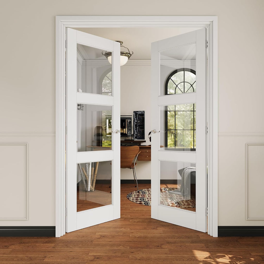 French Door 56' x 80' (Double 28' x 80') 3-Lite Clear Glass Door Slabs with Pre-Hung Jamb, Silver Hinges, Levers and Latch, White Primed, French Interior Doors with Frame, Swing Double Bedroom Doors