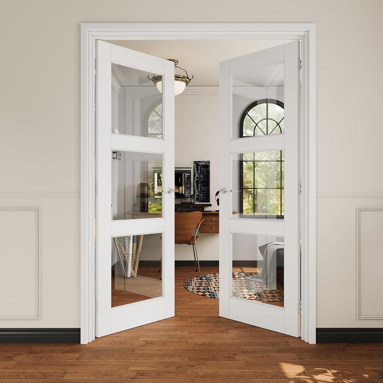 French Door 36' x 80' (Double 18' x 80') 3-Lite Clear Glass Door Slabs with Pre-Hung Jamb, Silver Hinges, Levers and Latch, White Primed, French Interior Doors with Frame, Swing Double Bedroom Doors