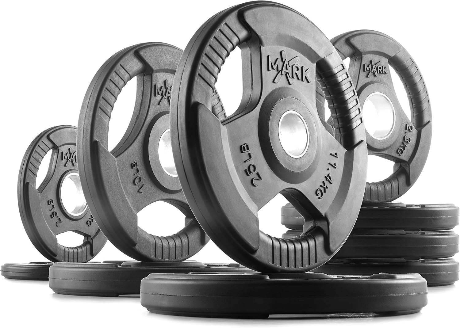 XMARK TRI-GRIP Pair or Set of Olympic Weight Plates, Rubber Coated Exercise Weights for Olympic Barbell, Strength Training Weight Set for Home Gym