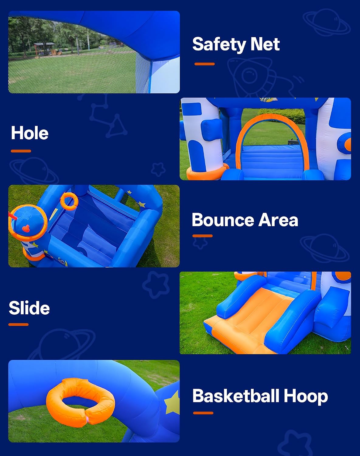 Bounce House, Inflatable Bouce House for Kids 3-6 with Basketball Hoop Jump Area and Slide, Space-Themed Inflatable Bouncy Castle with Air Blower for Indoor/Outdoor