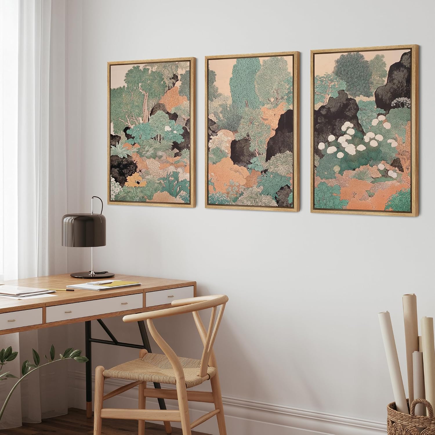 wall26 Framed Print Wall Art Set Vintage Japanese Garden Landscape Decorative Minimal Relax/Zen for Living Room, Bedroom, Office - 16'x24'x3 NATURAL