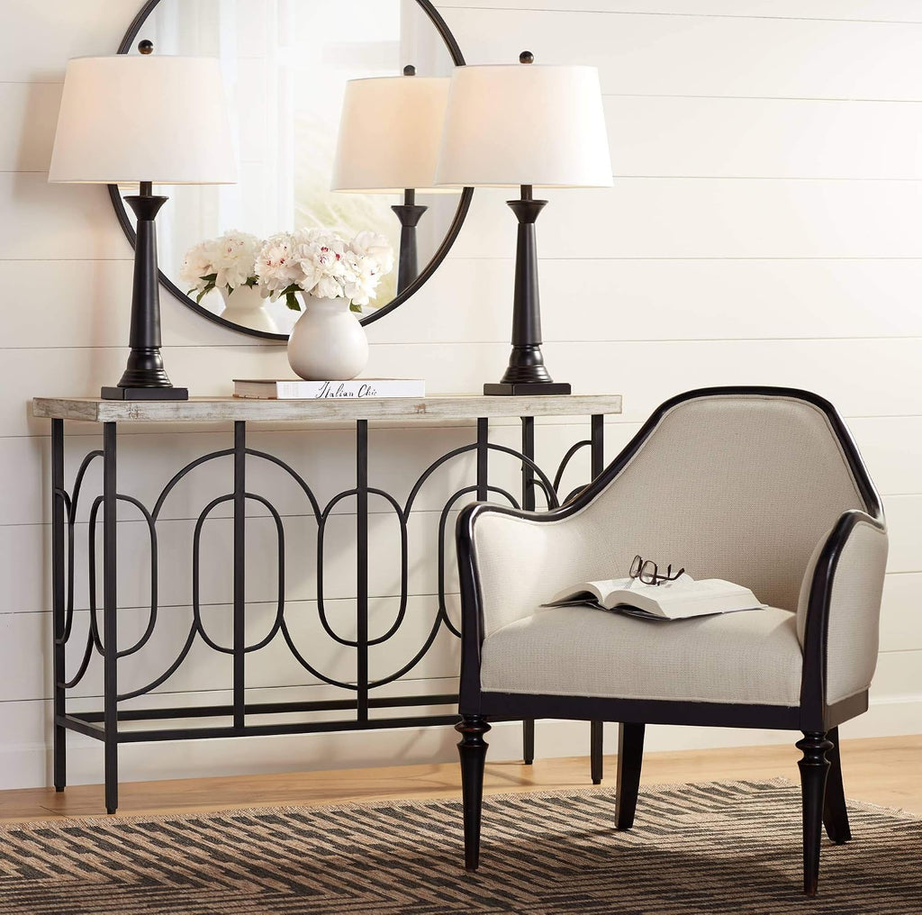 360 Lighting Dolbey Rustic Farmhouse Table Lamps 28' Tall Set of 2 Deep Bronze Tapered Column Off White Drum Shade Decor for Living Room Bedroom House Bedside Nightstand Home Office Entryway