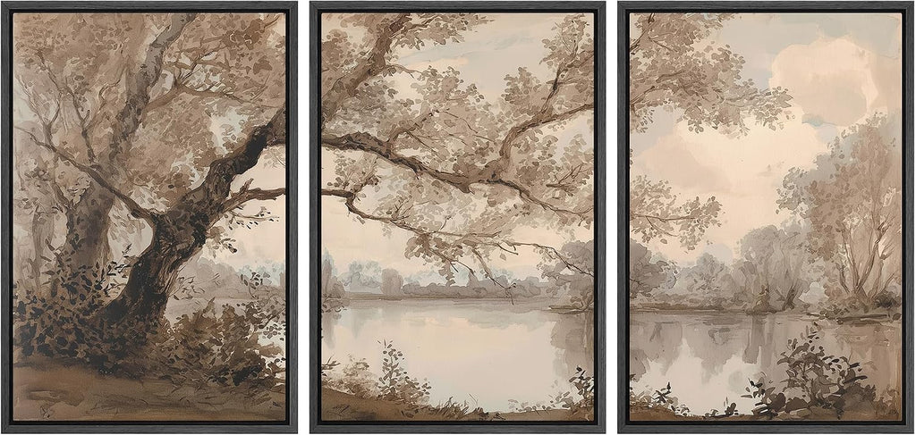 wall26 Framed Print Wall Art Set Sepia Watercolor Lakeside Tree Landscape Decorative Minimal Relax/Zen for Living Room, Bedroom, Office - 16'x24'x3 BLACK