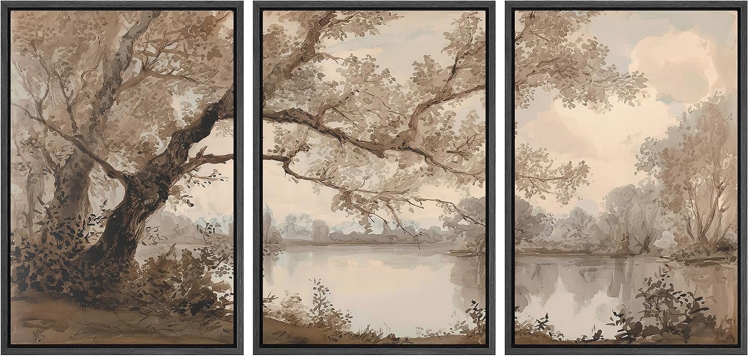 wall26 Framed Print Wall Art Set Sepia Watercolor Lakeside Tree Landscape Decorative Minimal Relax/Zen for Living Room, Bedroom, Office - 16'x24'x3 BLACK