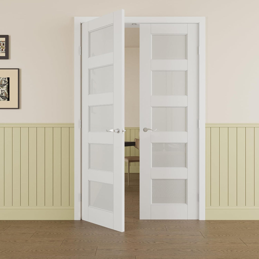 Prehung French Door 56' x 80' (2x28 in), Tempered Frosted Glass Door Slabs with Jamb, Silver Hinges, 4 Levers & Latch, Solid Core Interior Door, Pre-Finished & Paintable, MDF Double Doors Interior