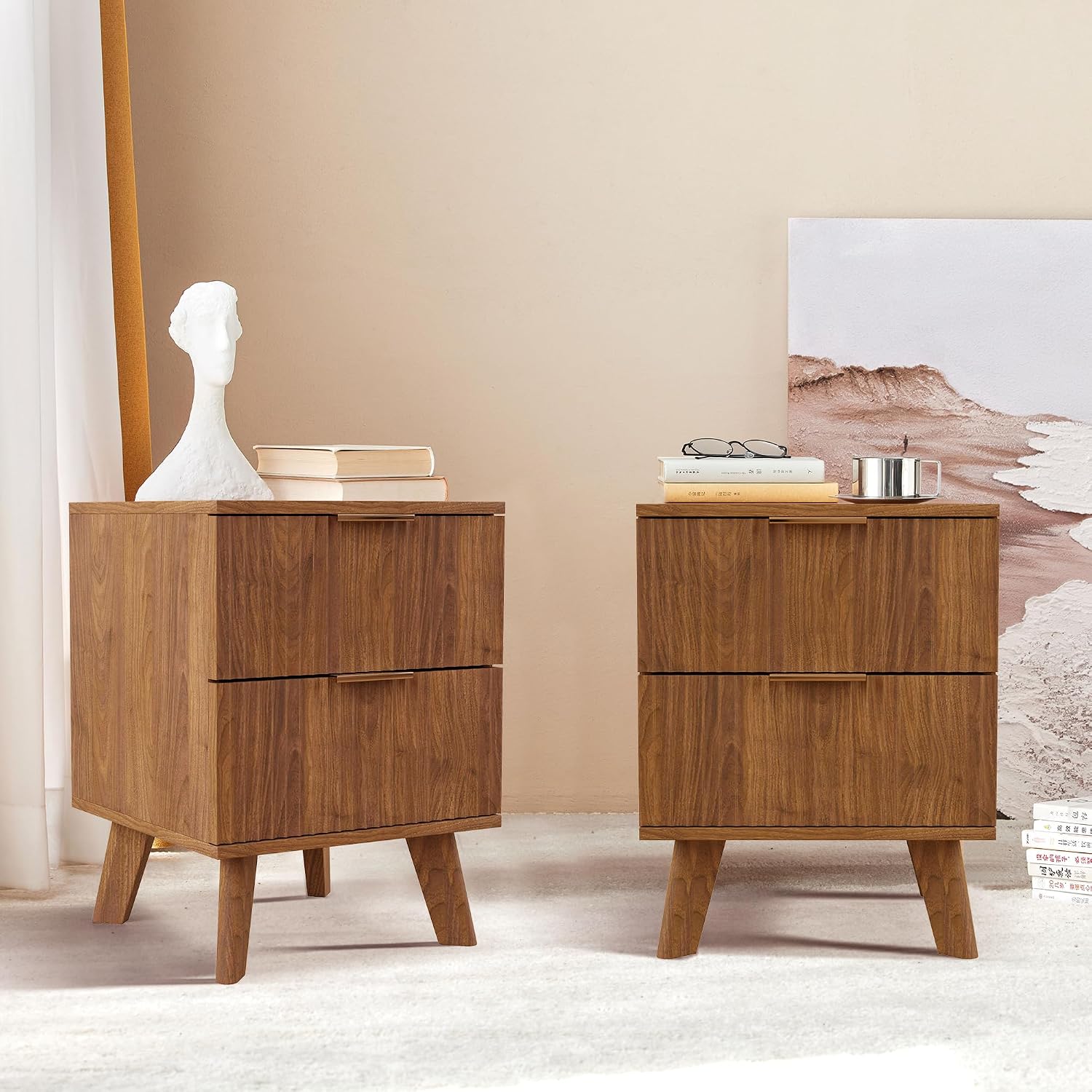Nightstands Set of 2 with Drawers, Modern Large Striped Bed Side Table with 2 Drawers, Mid Century Modern Night Stand Set for Bedroom, Bedside End Table with Storage and Solid Wood Legs (Walnut)