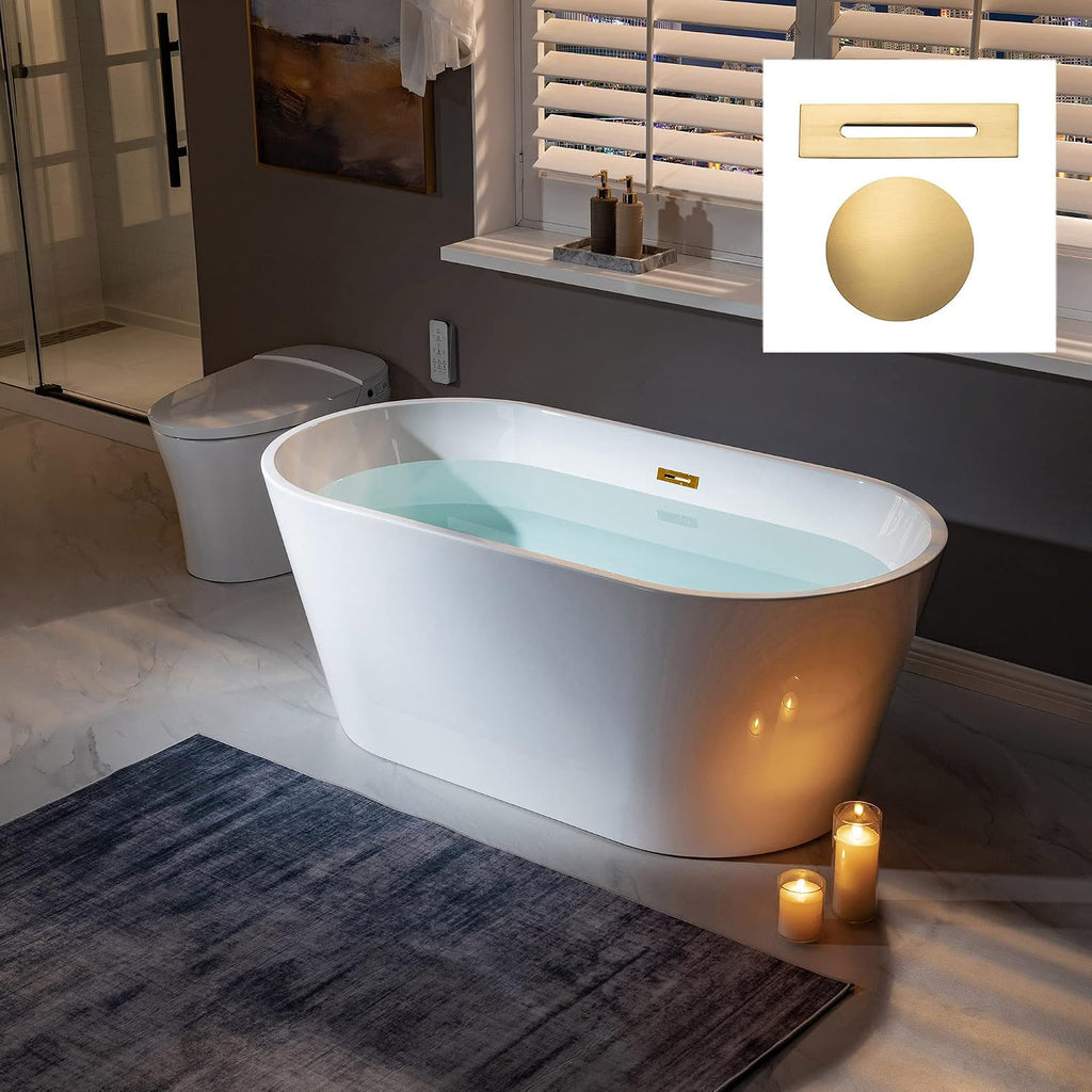 WOODBRIDGE 59' Freestanding White Acrylic Soaking Bathtub with Brushed Gold Drain and Overflow,BTA1514 -BG-Drain &O
