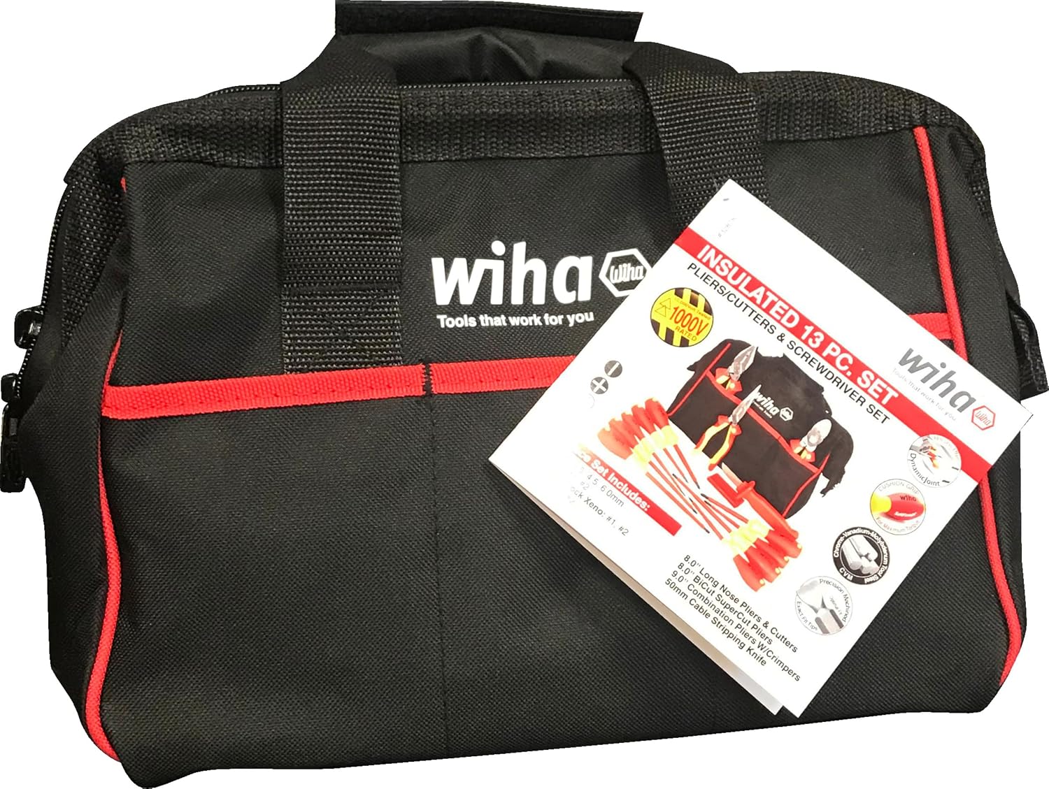 Wiha 32878 Insulated Tool Set with Pliers, Cutters, Xeno, Square, Slotted & Phillips Screwdrivers in Tool Box, 13-Piece