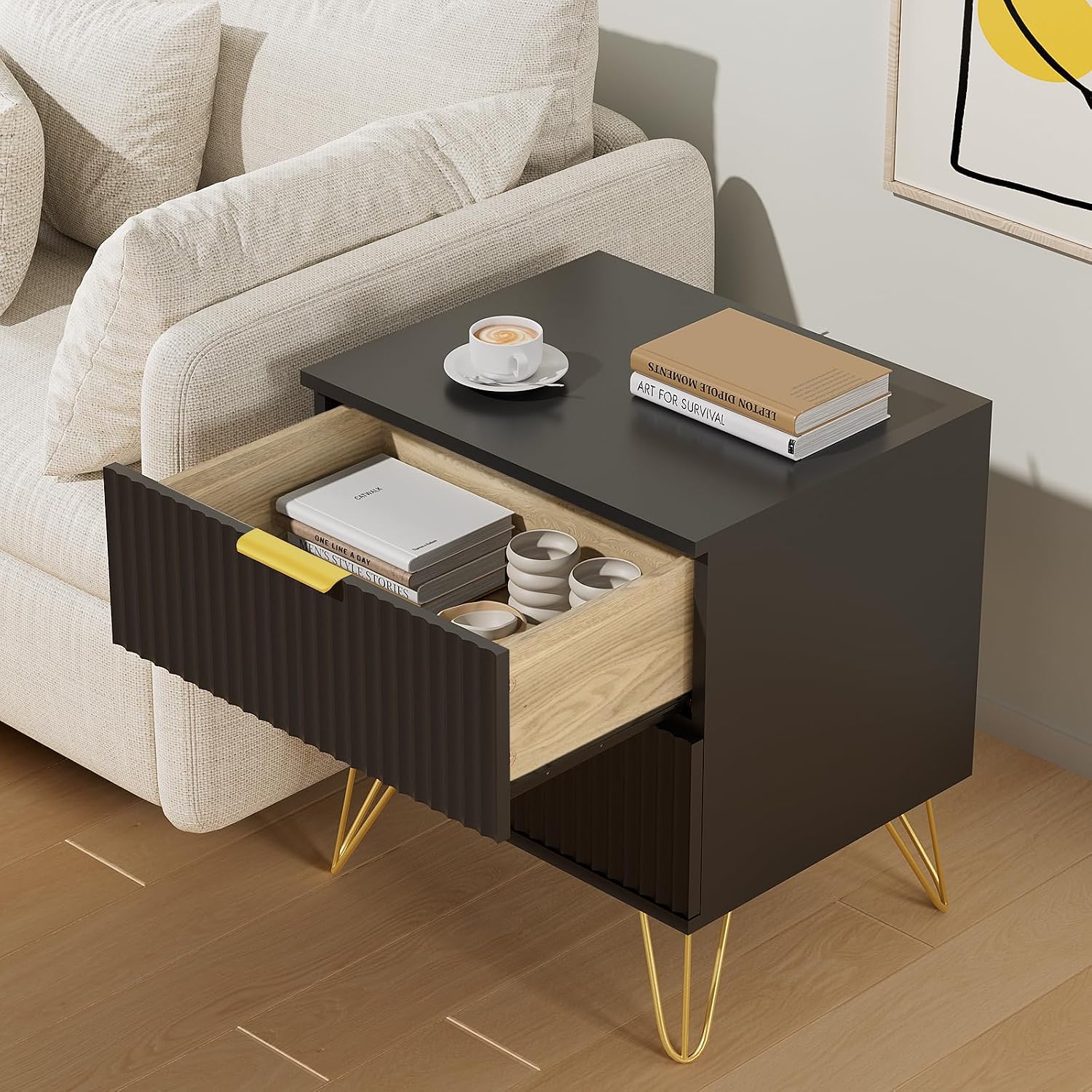 Set of 2 Black Nightstand, Modern Night Stand Bedside Table with 2 Storage Drawer, Bed Side End Table with Golden Handles and Legs for Bedroom, Black