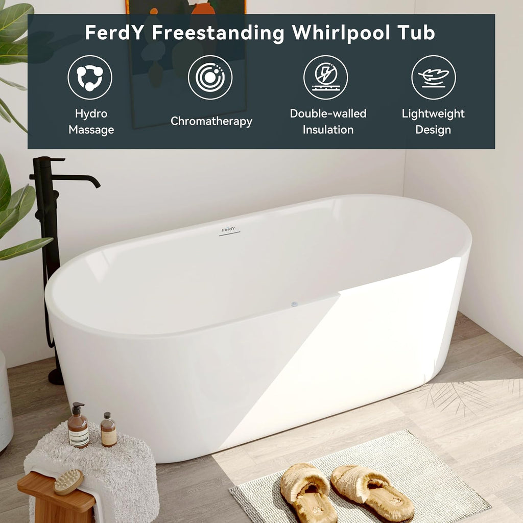 FerdY Shangri-La 67 Inch Freestanding Whirlpool Bathtub, Oval with 8 Water SPA Jets Morden White Stand Alone Jetted Tub&FerdY Back Scrubber for Shower,Long Handled Loofah on a Stick, Body Brush