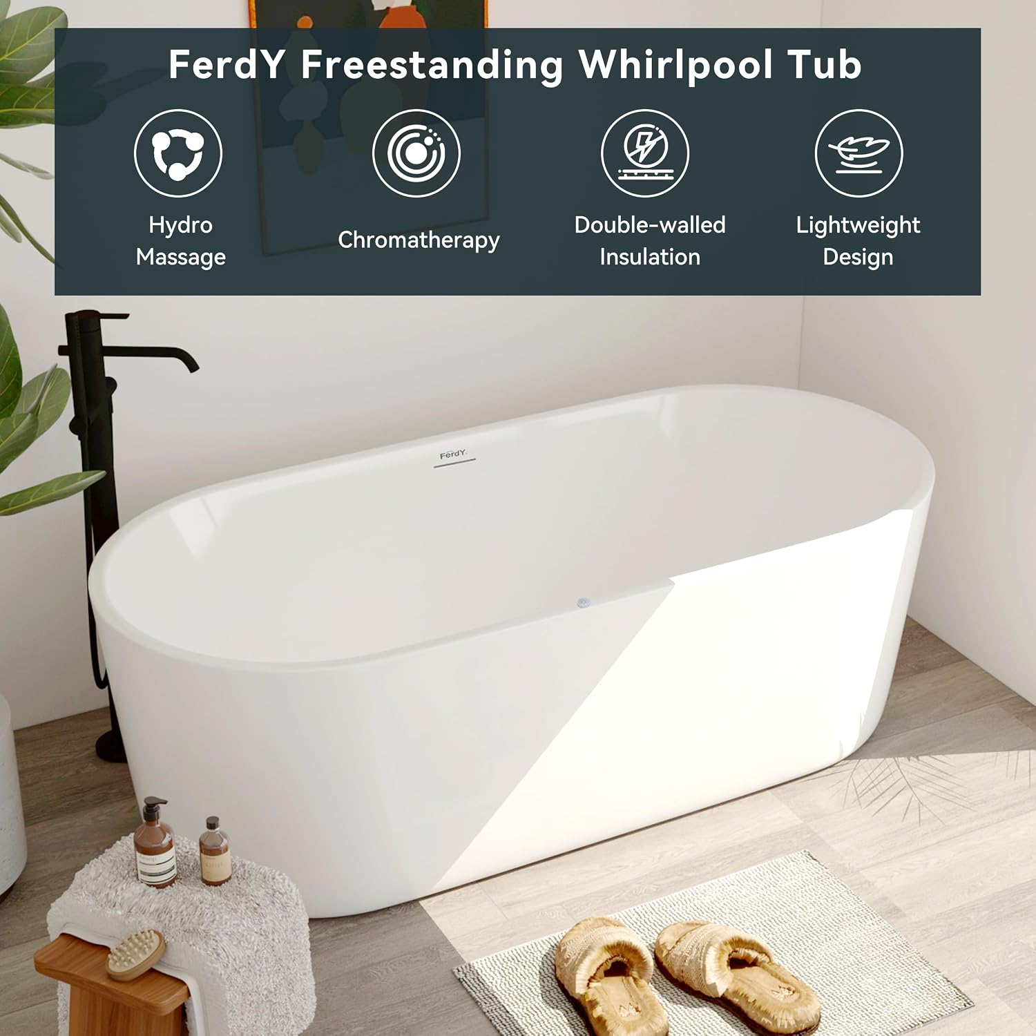 FerdY Shangri-La 67 Inch Freestanding Whirlpool Bathtub, Oval with 8 Water SPA Jets Morden White Stand Alone Jetted Tub&FerdY Back Scrubber for Shower,Long Handled Loofah on a Stick, Body Brush