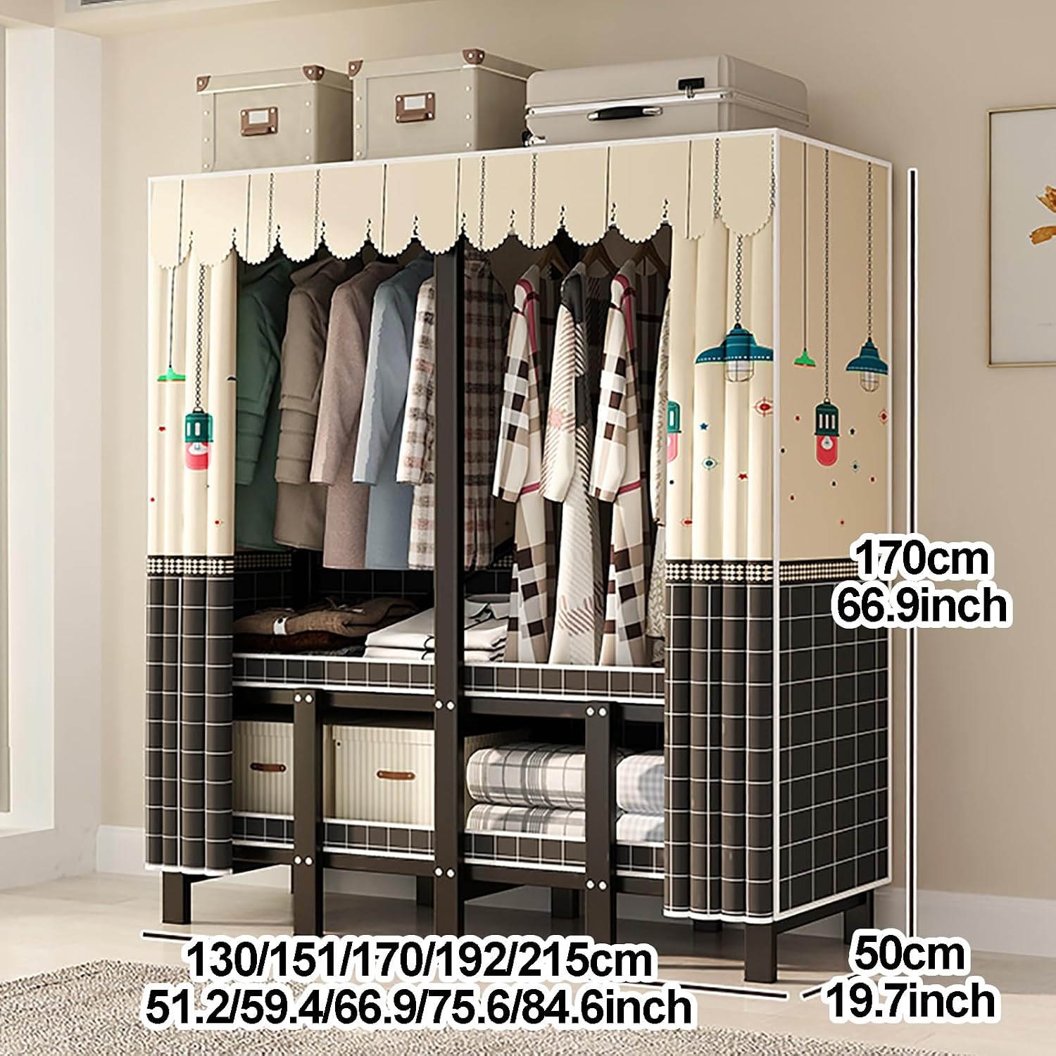 Heavy Duty Portable Wardrobe Closet for Hanging Clothing with Cover, Clothes Rack with Gauze Curtain, Covered Clothing Coat Storage Organizer(E,215cm/84.6inch)