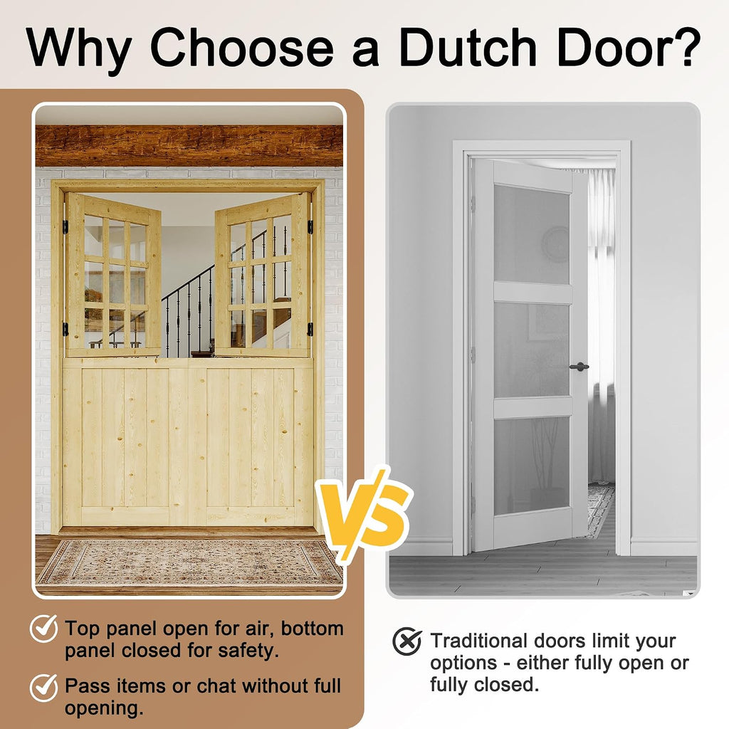 Exterior Dutch Door Slab, 60' x 80', Universal 9 Lite Panel Split Single Doors, Solid Core Home Door, Natural Pine Wood - with 8 Black Hinges & 2 Latch, Without Jamb