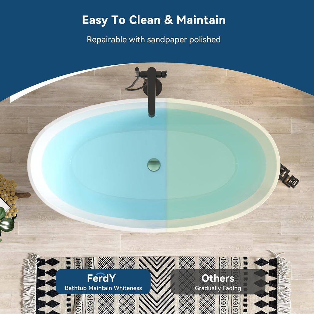 FerdY 59' Acrylic Freestanding Bathtub, Contemporary Soaking tub with cUPC Certified, Elegant Oval Shape, Brushed Gold Drain, Tahiti