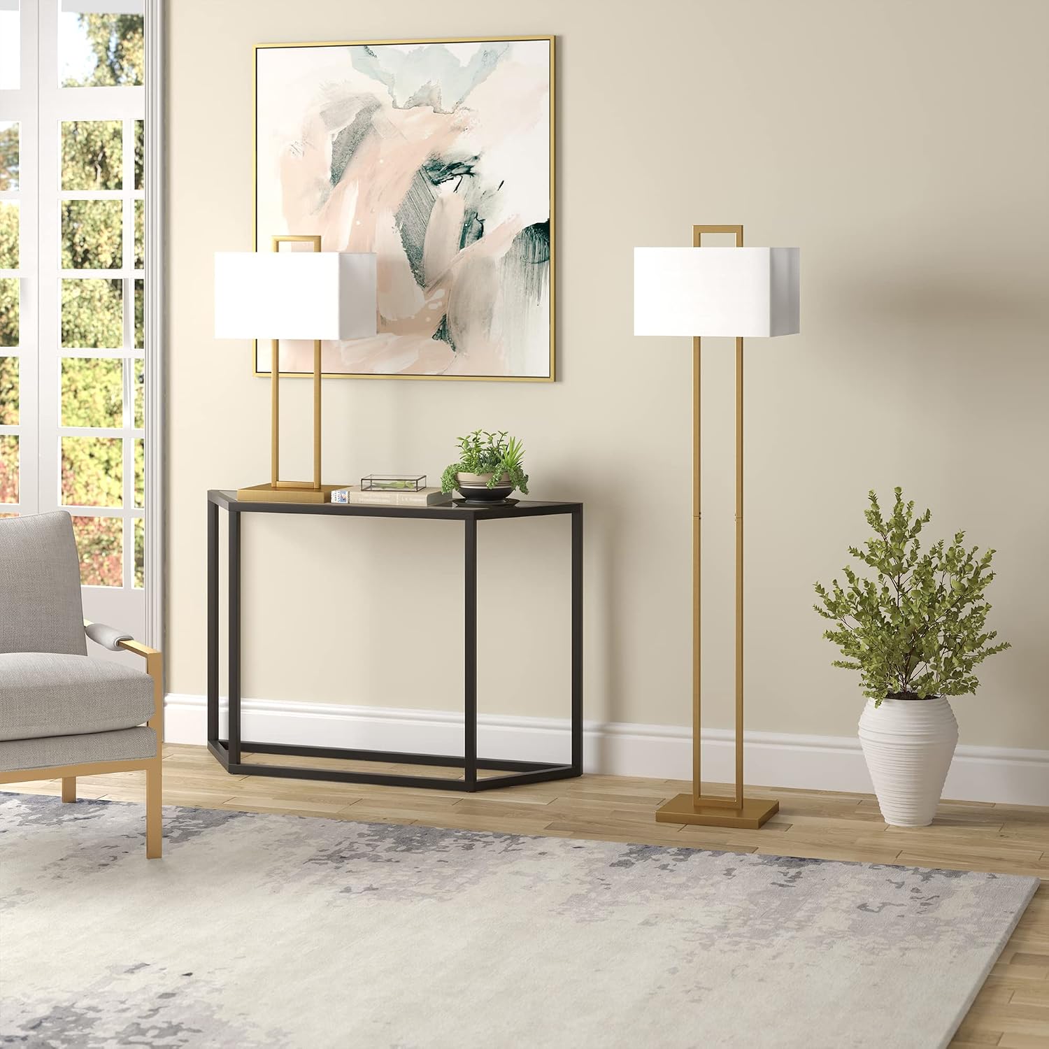 Henn&Hart 68' Modern 1-Light Floor Lamp with White Fabric Rectangle Shade for Living Room, Bedroom, or Office, Gold