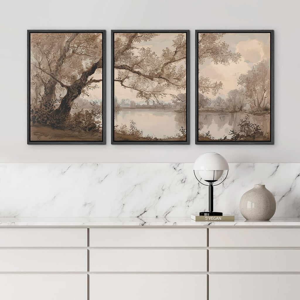wall26 Framed Print Wall Art Set Sepia Watercolor Lakeside Tree Landscape Decorative Minimal Relax/Zen for Living Room, Bedroom, Office - 16'x24'x3 BLACK