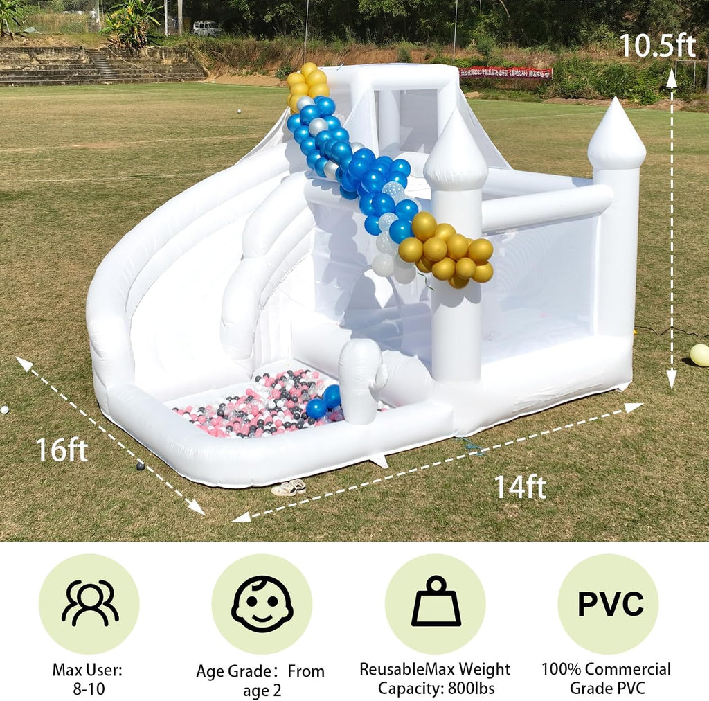 16FT Commercial White Bounce House for Kids & Adults - 16x14x10.5 FT Heavy Duty 100% PVC Wedding Inflatable Bouncer with Slide & Ball Pit, Large Jumping Castle with Blower for Party Photo Booth(16FT)