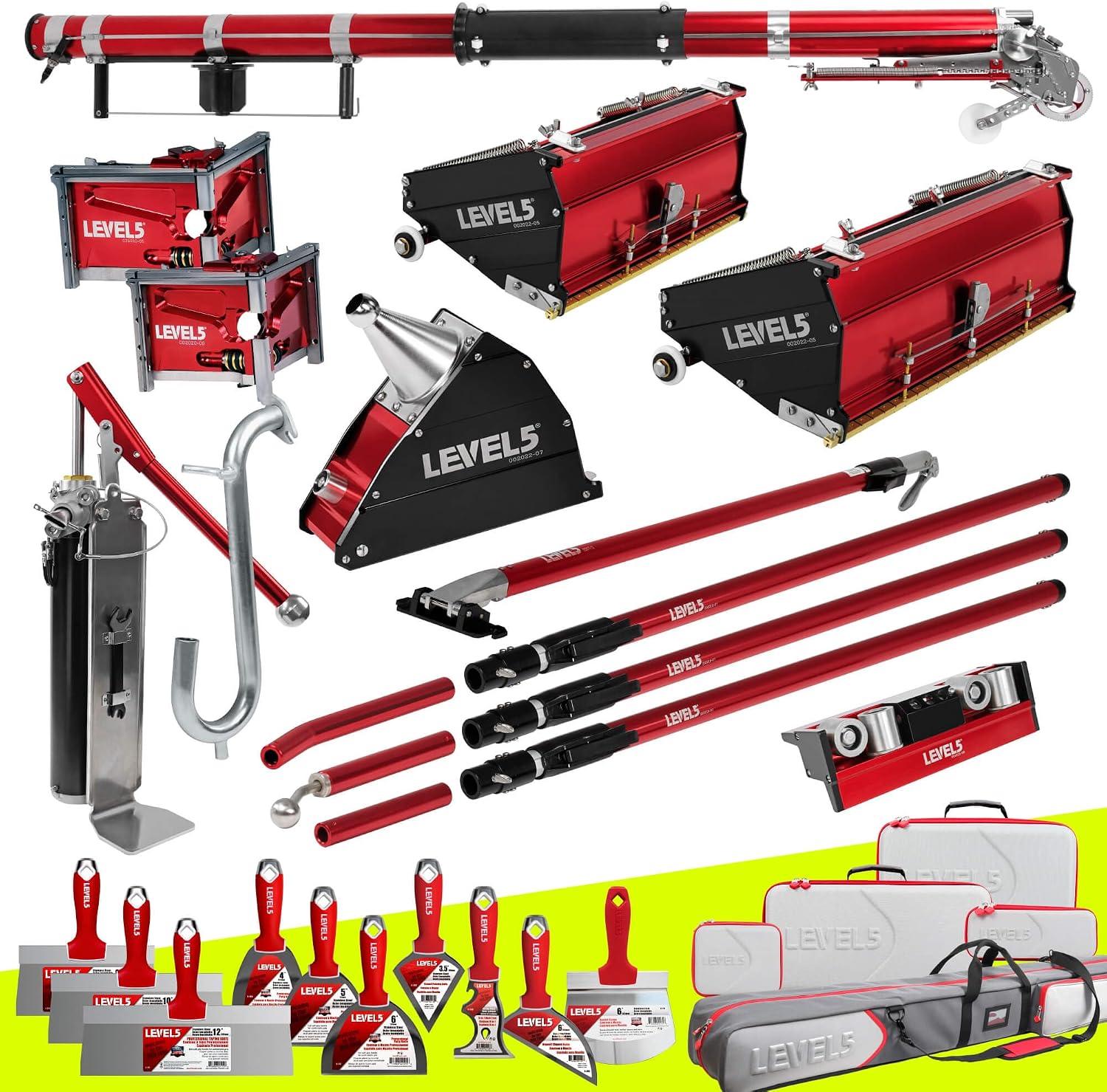 Full Taping/Finishing Set, High Capacity Boxes + Ext. Handles - LEVEL5 | Auto Taper, 10'/12' MEGA Boxes, 3'/3.5' Angle Heads, 8' Corner Applicator, Corner Roller, Ext Handles, Pump, Gooseneck | 4-625