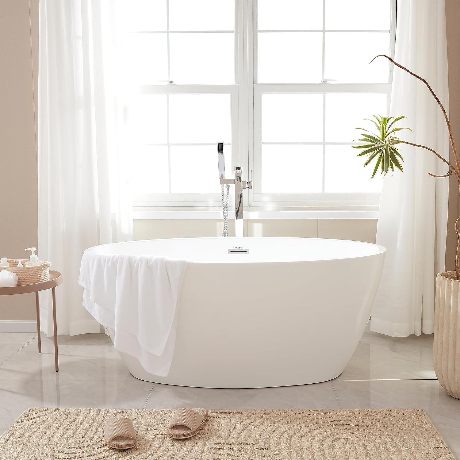 HomeBeyond 55Inch Freestanding Bathtub | Acrylic Free Standing Soaking Tub, Classic Bathroom Stand Alone Tub Suitable Single Person Bathing