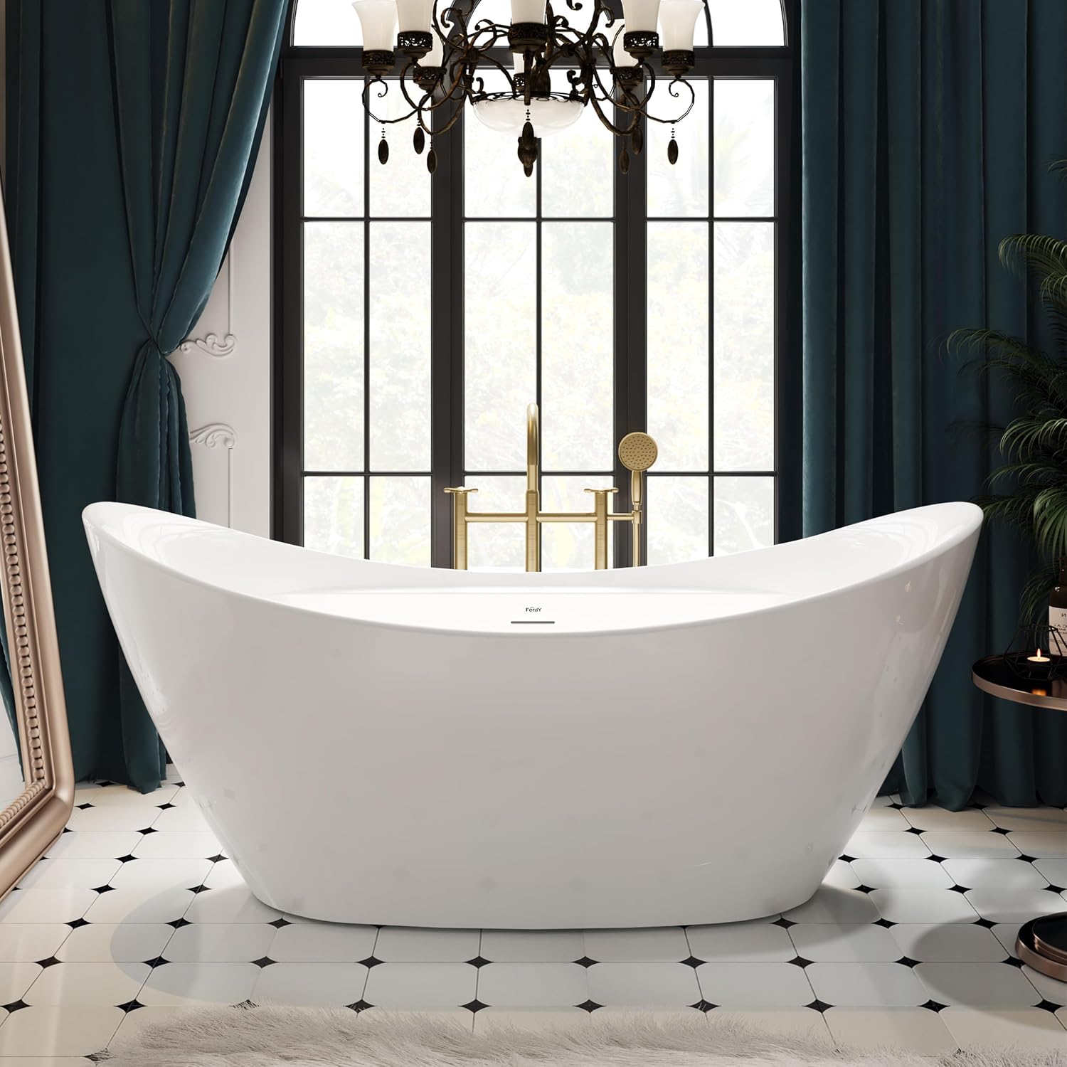 FerdY 67' Freestanding Bathtub, Glossy White Acrylic Soaking Tub, Includes Minimalist Linear Design Overflow and Toe-Tap Brushed Nickel Drain