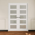French Door 56' x 80' (Double 28' x 80') 5-Lite Frosted Glass Door Slabs with Pre-Hung Jamb, Black Hinges, Levers and Latch, White Primed, French Interior Doors with Frame, Swing Double Bedroom Doors