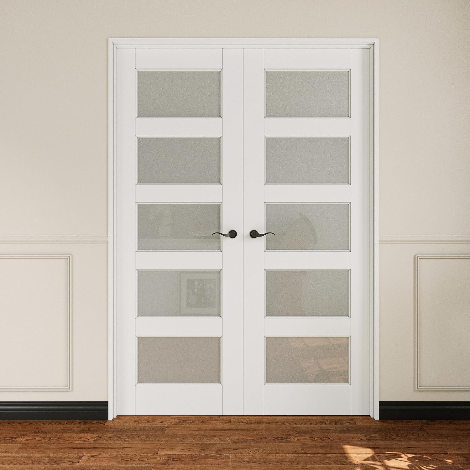 French Door 56' x 80' (Double 28' x 80') 5-Lite Frosted Glass Door Slabs with Pre-Hung Jamb, Black Hinges, Levers and Latch, White Primed, French Interior Doors with Frame, Swing Double Bedroom Doors