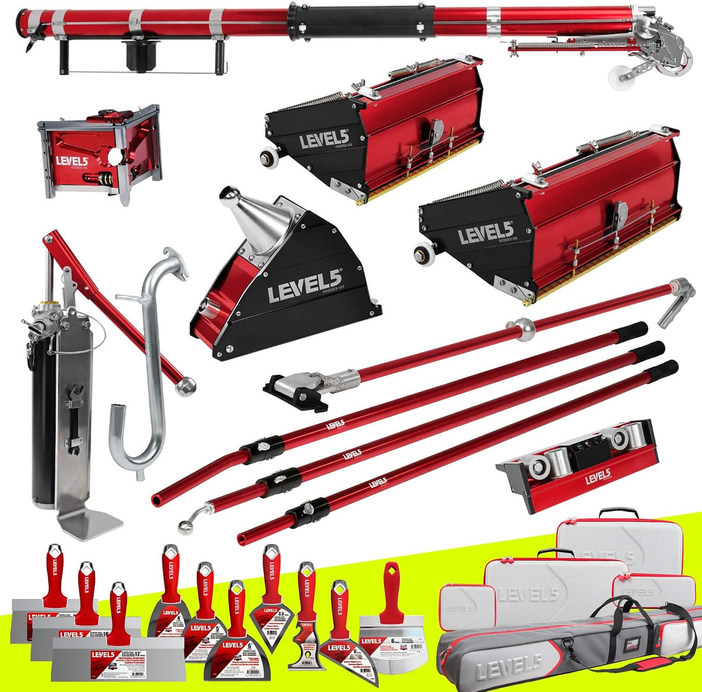 LEVEL5 Full Taping Set w/ 10/12' Mega Boxes | Automatic Taper, 3' Corner Finisher, Corner Roller, 7' Corner Applicator and Std. Handles | Sheetrock Gyprock Wallboard | 4-606