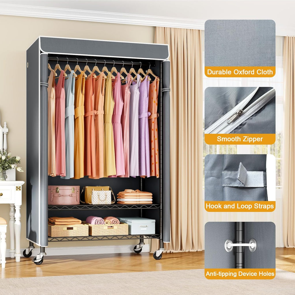 ULIFHOME P6C Rolling Clothes Rack with Cover, Covered Clothing Racks Heavy Duty, Portable Closet for Hanging Clothes, Garment Racks on Wheels, Black Closet Rack with Gray Cover, Max Load 365LBS