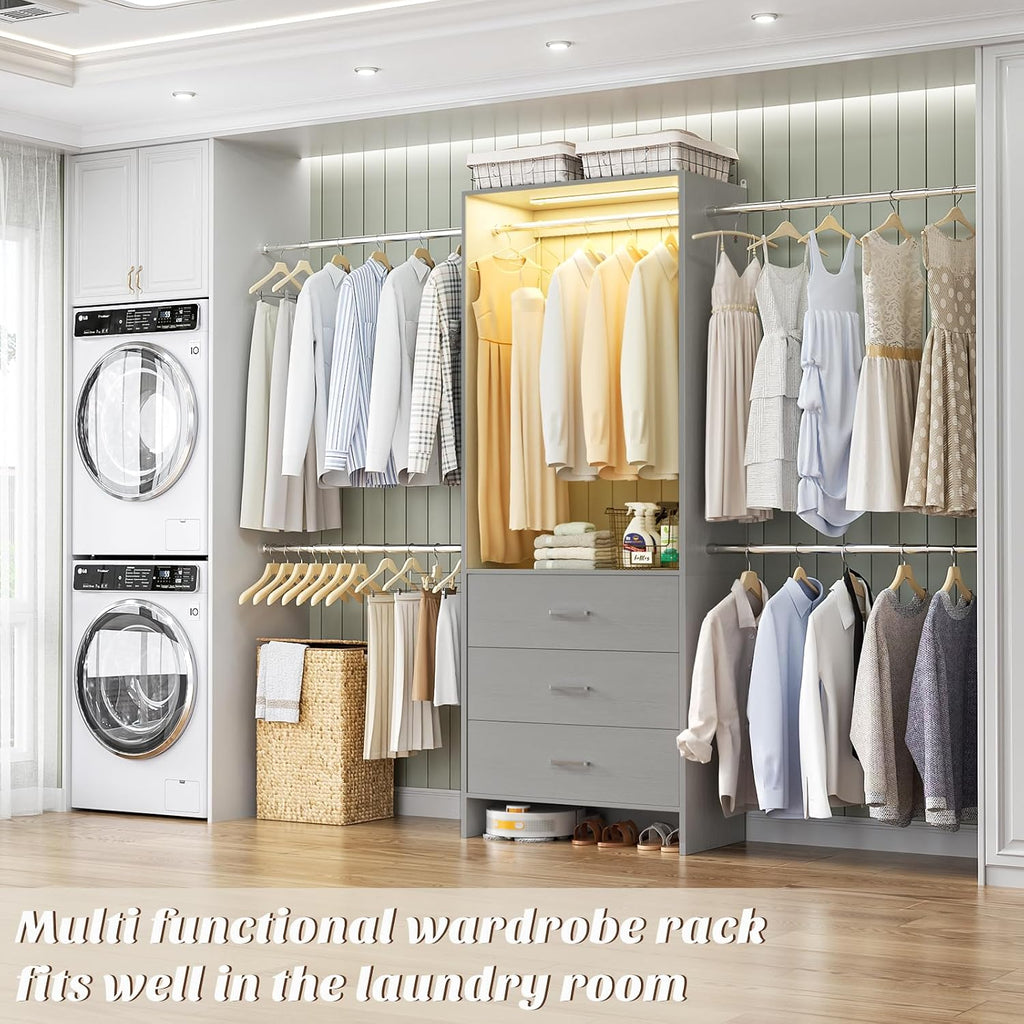 Aheaplus Closet System with Motion-Sensing Light, 3 Wooden Drawers and 4 Hanging Rods, Customizable Walk-in Closet Organizer with 3CCT LED, Heavy Duty Garment Rack for Bedroom,Grey
