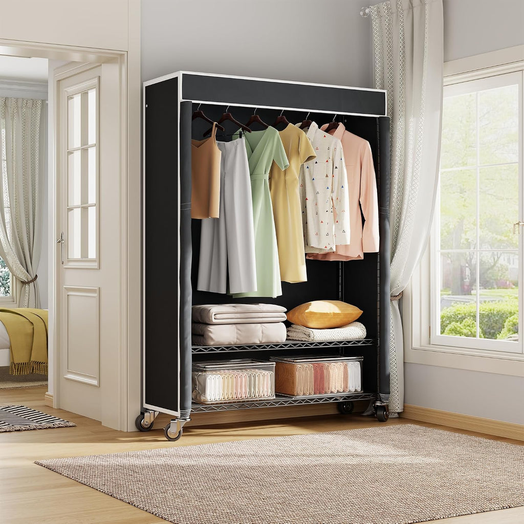 Higeego H4 Plus Rolling Garment Rack with Cover, Heavy Duty Clothes Rack with Wheels, Portable Closet for Hanging Clothes, Wardrobe Closets Organizer Storage, Black Closet Rack with Black Fabric Cover