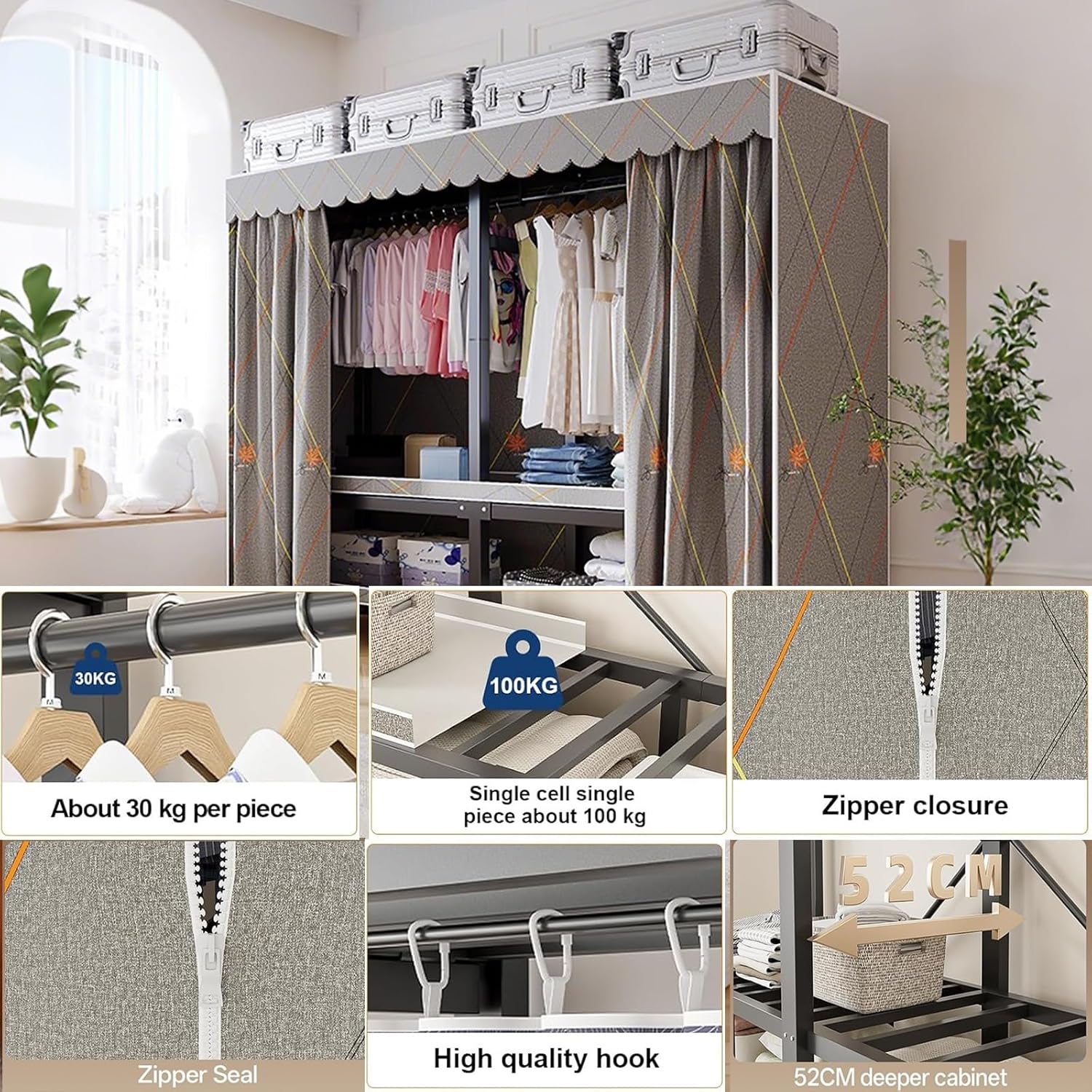 Large Portable Closets for Hanging Clothes, Foldable 71' Clothes Rack with Cover, Multi-Functional Portable Closet, Double Rods 8 Shelves Bedroom