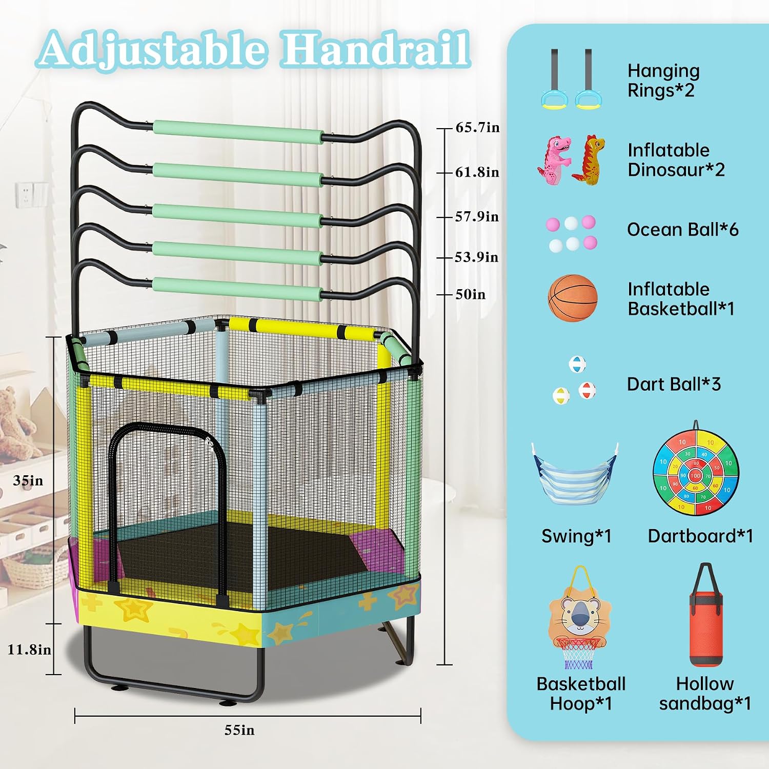 Lamerge Kids Trampoline, Indoor Trampoline Approved by ASTM, Safety Enclosure Net and Adjustable Handrail, 1-8 Children, 500lbs Capacity, 7-in-1, 60'