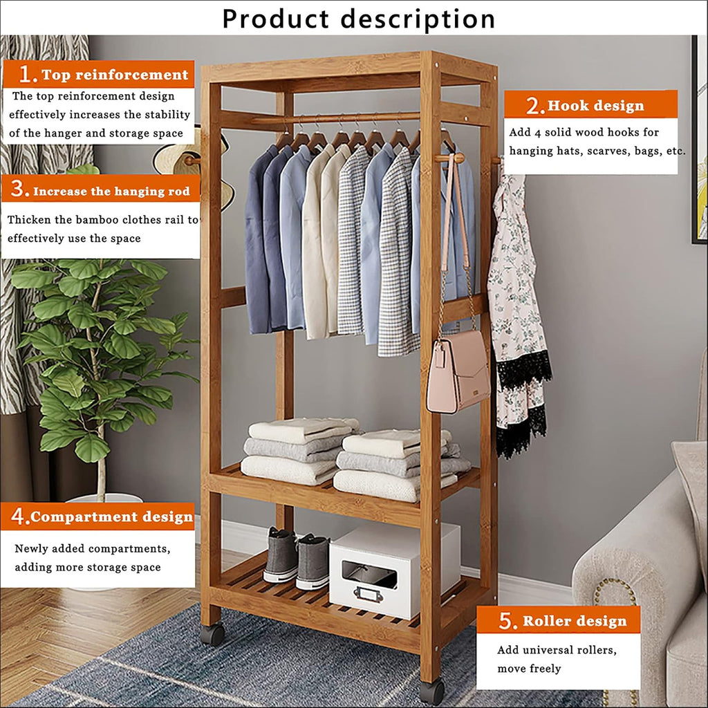 Bamboo Clothes Rack,2-Tier Storage Shelves Clothes Hanging Rack, with Wheels 4 Hooks,for Shirts Bags Scarves Pants Shoes Storage Boxes