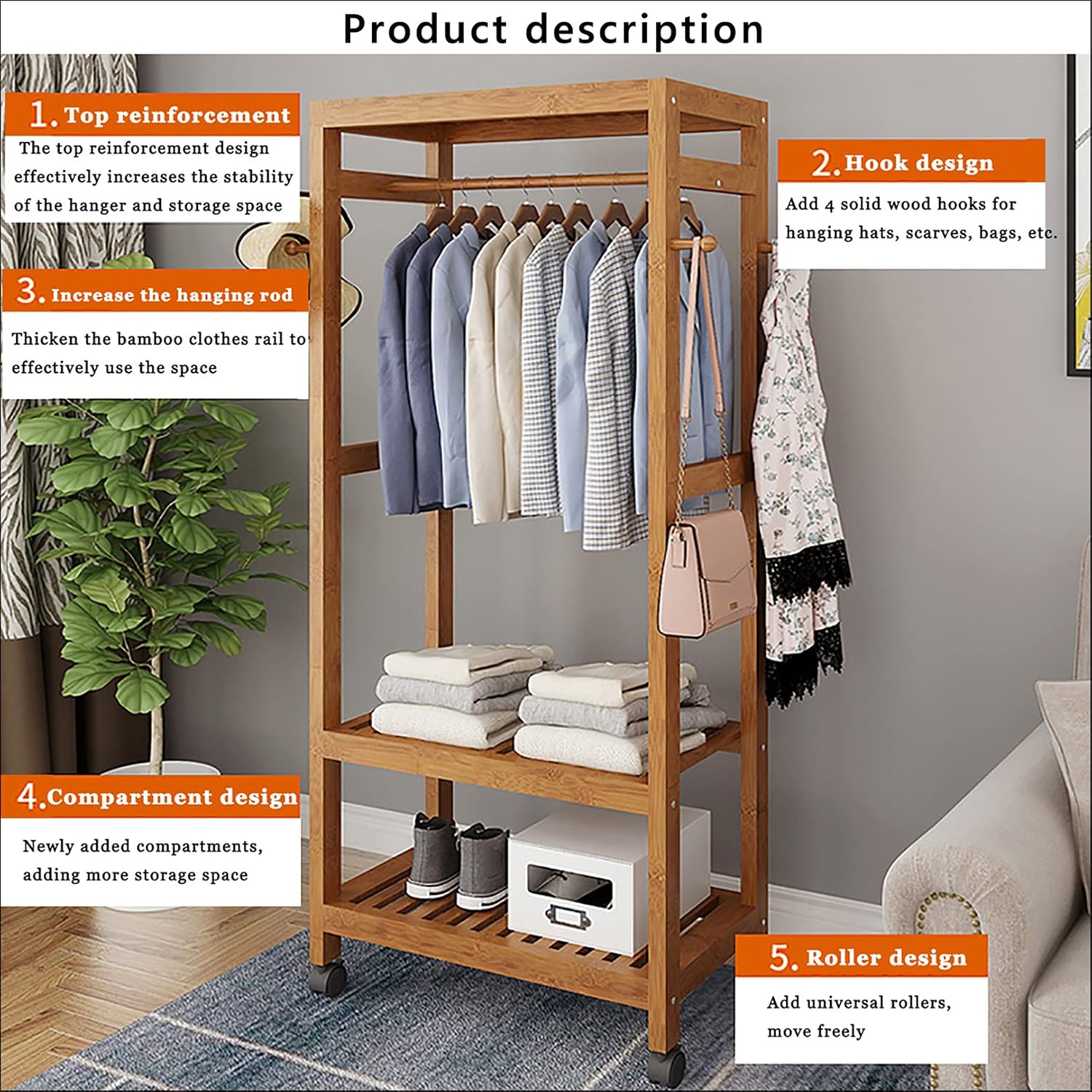 Bamboo Clothes Rack,2-Tier Storage Shelves Clothes Hanging Rack, with Wheels 4 Hooks,for Shirts Bags Scarves Pants Shoes Storage Boxes