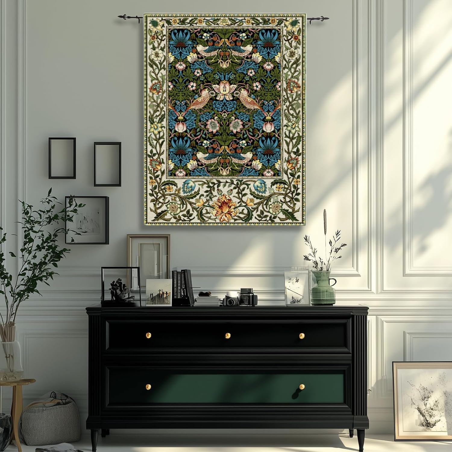 ORIMONY William Morris Strawberry Thief Tapestry - Vintage Floral Bird Art, Medieval Jacquard Woven Tapestry Wall Hanging for Living Room & Bedroom Size 27'x35' (Black)