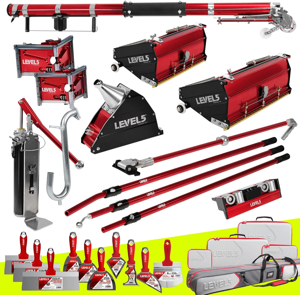 Full Taping/Finishing Set, High Capacity Boxes + Std Handles - LEVEL5 | Auto Taper, 10'/12' MEGA Boxes, 3'/3.5' Angle Heads, 8' Corner Applicator, Corner Roller, Std Handles, Pump, Gooseneck | 4-624