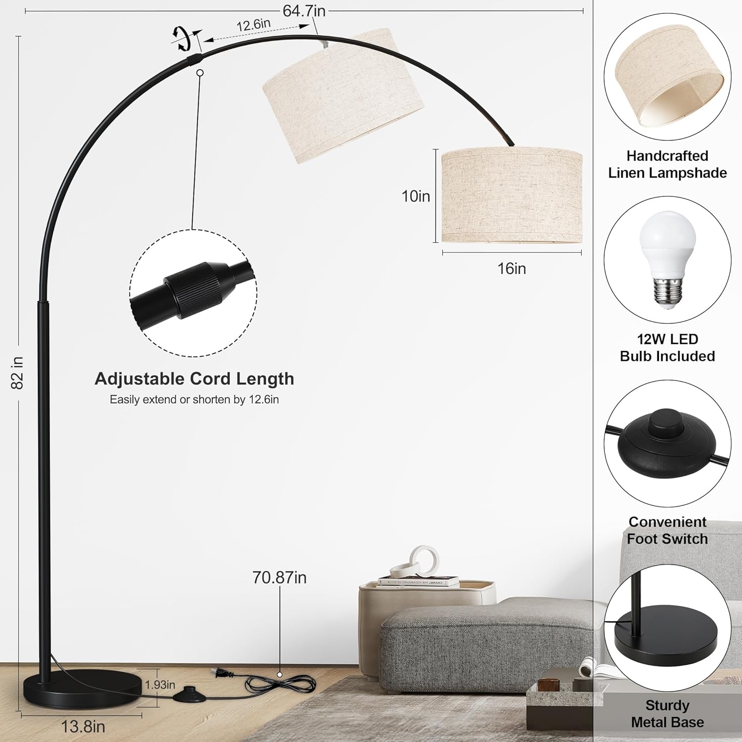 SUNMORY 82' Tall Arc Floor Lamps for Living Room, Large Floor lamp with Length Adjustable, Modern Curved Floor lamp, Corner Lamp for Dining Room, Office, Black