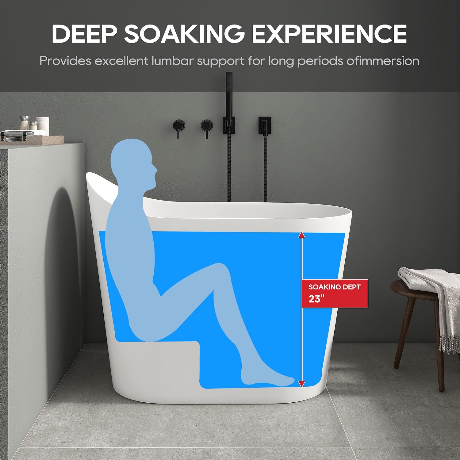 SJ Star&Jane 43' Solid Surface Japanese Soaking Bathtub Stone Resin Freestanding Tub Deep Soaking Bathtub Sit-In Design with Drain