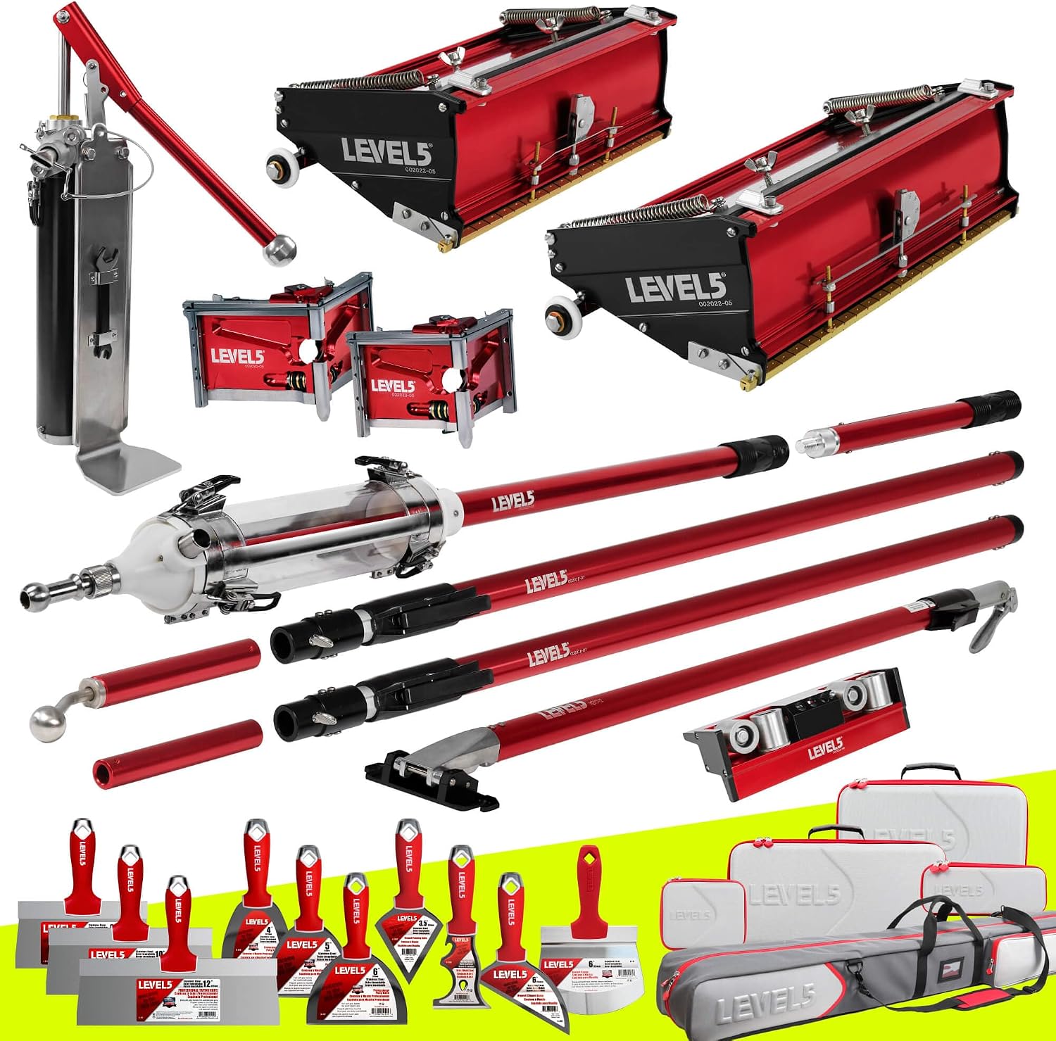 Drywall Finishing Set + Extension Handles - LEVEL5 | Pro-Grade | 10/12' Flat Boxes, Corner Roller, 3'/3.5' Corner Finishers, MiniShot, Pump | Sheetrock Gyprock Wallboard | 4-683