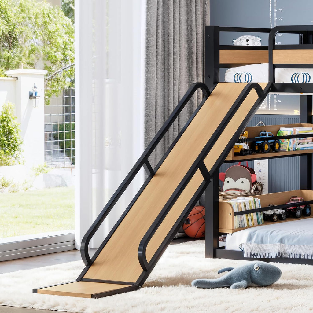 Bellemave Metal Twin XL Over Twin XL Bunk Bed Frame with Slide,Floor Bunk Bed and Basketball Hoop,Pull-up Rings and Climbing Wall,Heavy Duty Bunk Beds with Bookshelves for Kids Girls Boys,Natural
