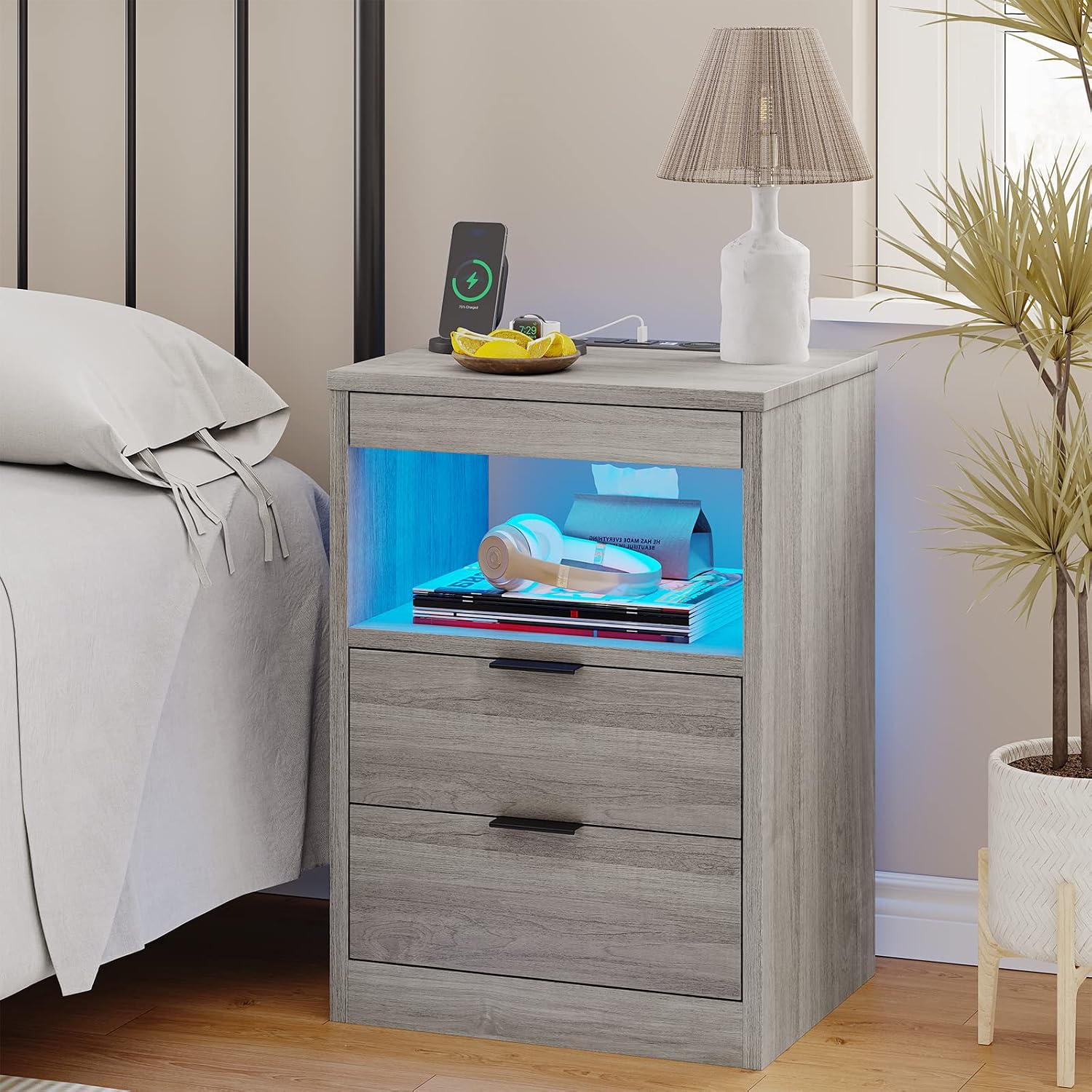 Tiptiper LED Nightstand Set of 2, Gray Nightstand with Wireless Charging Station, Night Stand with Drawers & Pull-Out Shelf, Modern Bedside Table with Storage, End Side Table